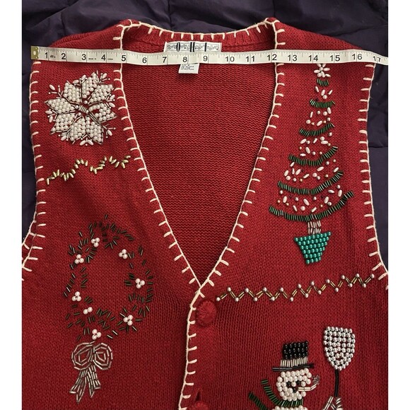 Vintage 90s Christmas Knit Vest Medium Kitschy Beaded Grandma Retro Whimsical - Picture 5 of 7